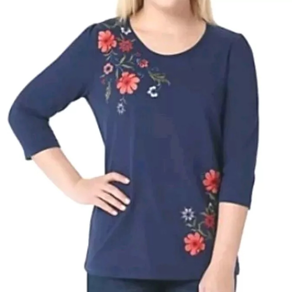 Denim Co Floral Embroidered Tunic Top Woman Plus 5X Blue Jersey Cottage Boho